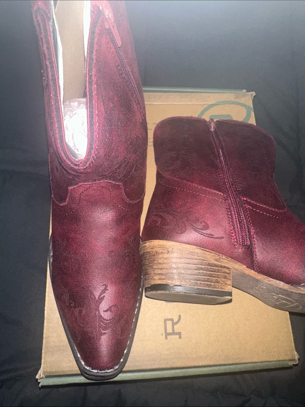 Roper Burgundy Western Ankle Booties with Low Stacked Heel